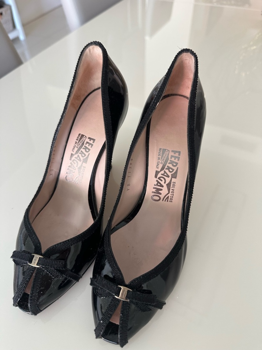 AUTHENTIC Salvatore Ferragamo Black Patent Peep-Toe Wedge Heels with Bow Accent